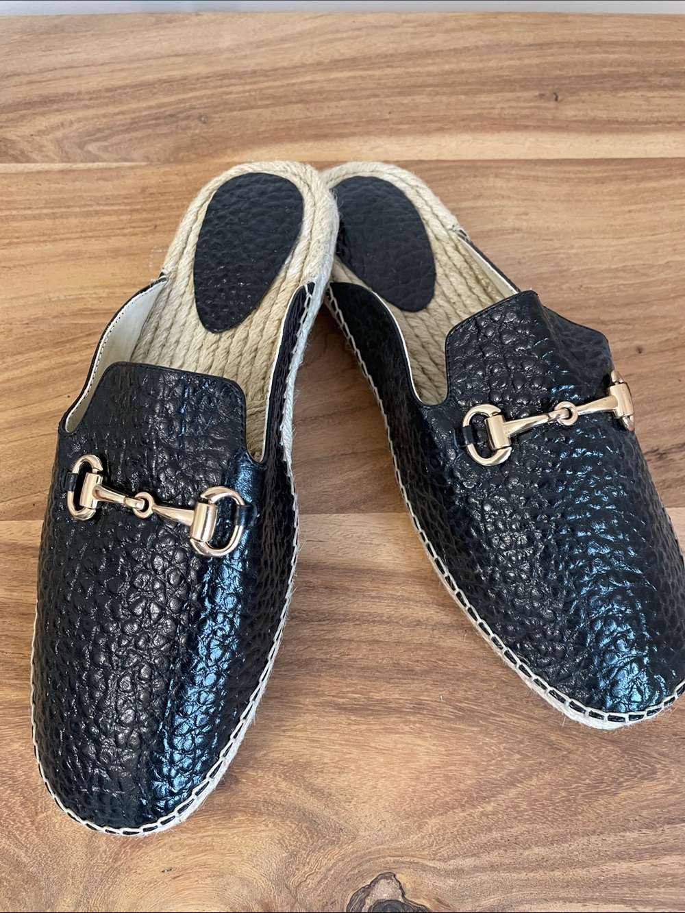7.5.  NWOT Black Leather-Textured Slip-On Mule with Gold Horsebit